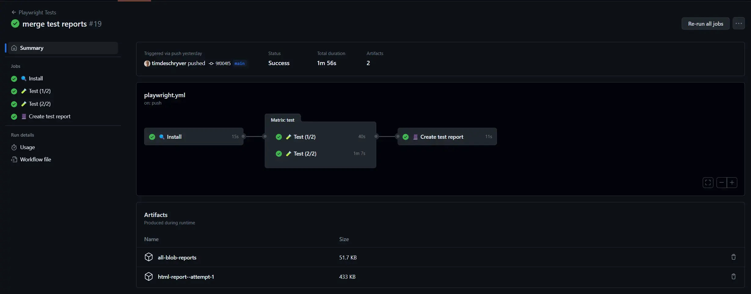 La visualisation GitHub Workflow du pipeline comporte une tâche supplémentaire pour fusionner les rapports de test individuels pour chaque groupe de test.